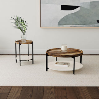 Adhvik Round Side Table with Marble Shelf Natural and Black