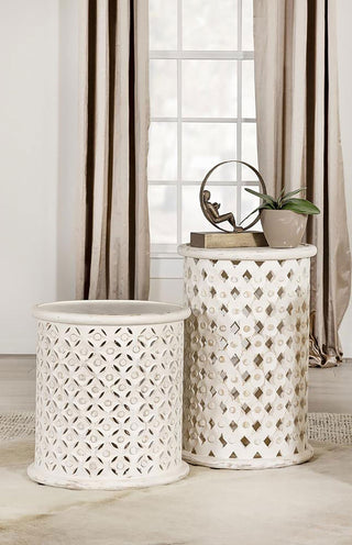 Krish 18-inch Round Mango Wood Side Table White Washed
