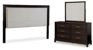 Neymorton King/California King Upholstered Panel Headboard, Dresser and Mirror