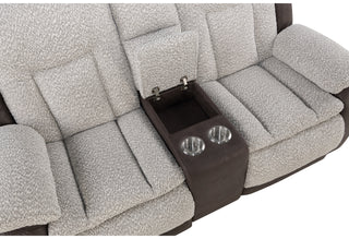 U4377 GREY/BROWN RECLINING SOFA WITH DROP DOWN TABLE/CONSOLE RECLINING LOVESEAT/GLIDER RECLINER